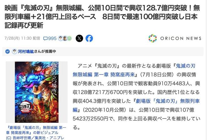 《鬼灭之刃》爆炸！上映10天狂收128亿，打破多项日本影史纪录！
